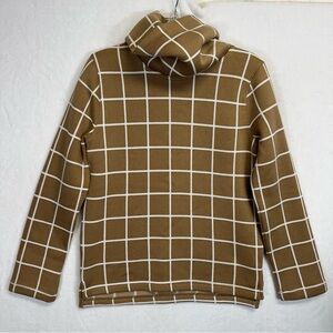 J.Crew Sweater Womens Medium Tan White Windowpane Funnel Neck Pullover Fleece